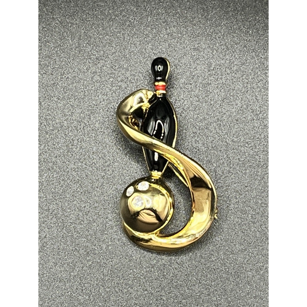 Gold-Tone & Enamel Bowling Brooch Pin 2" w/ Faux Diamonds Vintage Fashion Style